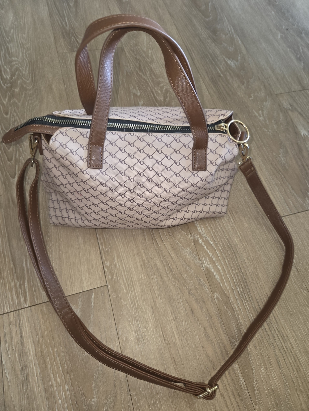 Y2K XOXO Tan/Brown Crossbody Satchel with Brown Trim Gold Accents